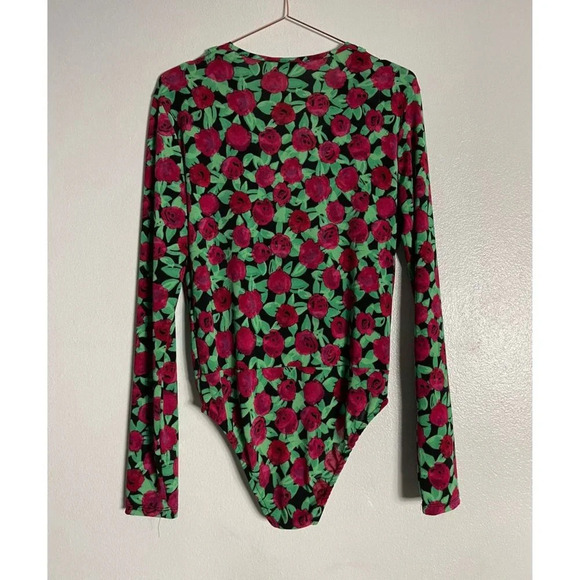 Zara Trafaluc Womens Long Sleeve Wrap Front Bodysuit Green Red Floral Sz S - Picture 2 of 7